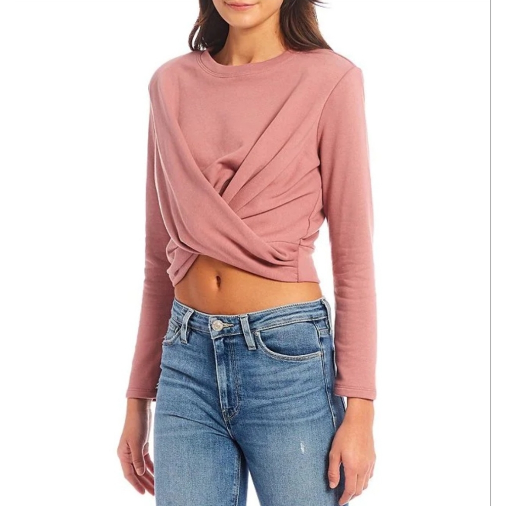 ASTR the LabelLong Sleeve Cross Front Crew Neck Moxie Crop Sweatshirt